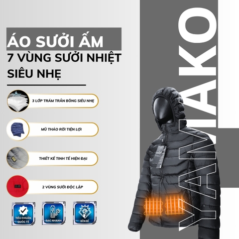 Áo Sưởi ấm YAMAKO Nhật Bản 7 vùng sưởi ấm Siêu Nhẹ Super Gentle màu Đen
