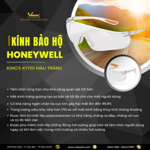 Kính bảo hộ lao động, kính mắt chống tia UV 99%, bảo vệ mắt, chống bụi, Honeywell King's KY1151 - KY1152