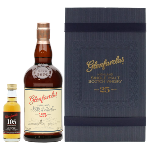 Rượu whisky đơn Scotland Glenfarclas 25 năm hộp quà tặng kèm chai mini Glenfarclas 105 Cask Strength 50ml