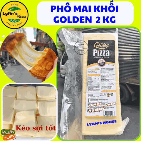 Phô Mai Khối GOLDEN 2kg – Kéo Sợi Tốt, Giá Tốt, Làm Pizza, Hotdog, Bánh Đồng Xu
