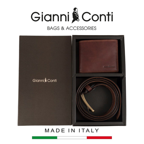 GIFT SET VÍ VÀ THẮT LƯNG DA THẬT MÀU NÂU ĐẬM 919969-28 – GIANNI CONTI - SẢN XUẤT THỦ CÔNG TẠI ITALY