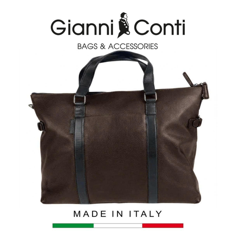 TÚI DU LỊCH DA THẬT MÀU NÂU ĐEN 4952579-28 - GIANNI CONTI - SẢN XUẤT THỦ CÔNG TỪ ITALY