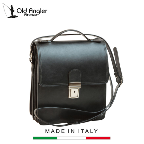 TÚI ĐEO CHÉO NAM DA FULL-GRAIN LEATHER MÀU ĐEN – OLD ANGLER - SẢN XUẤT THỦ CÔNG TỪ ITALY