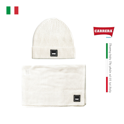 SET MŨ LEN VÀ KHĂN QUÀNG CỔ MÀU TRẮNG 350292R - CARRERA JEANS- NHẬP KHẨU CHÍNH NGẠCH TỪ ITALIA