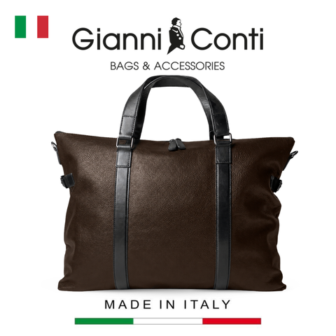 TÚI DU LỊCH DA THẬT MÀU NÂU ĐEN 4952579-28 - GIANNI CONTI - SẢN XUẤT THỦ CÔNG TỪ ITALY