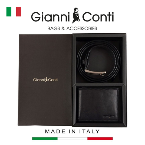 GIFT SET VÍ VÀ THẮT LƯNG DA THẬT MÀU ĐEN 919969-10 – GIANNI CONTI - SẢN XUẤT THỦ CÔNG TẠI ITALY
