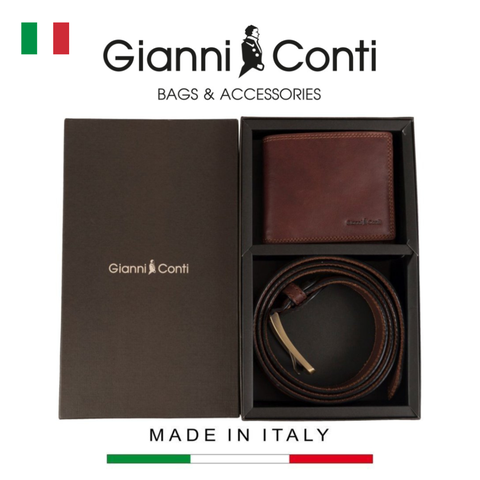 GIFT SET VÍ VÀ THẮT LƯNG DA THẬT MÀU NÂU ĐẬM 919969-28 – GIANNI CONTI - SẢN XUẤT THỦ CÔNG TẠI ITALY