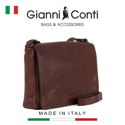 TÚI ĐEO CHÉO DA THẬT MÀU NÂU 914367-28 - GIANNI CONTI - SẢN XUẤT THỦ CÔNG TẠI ITALY