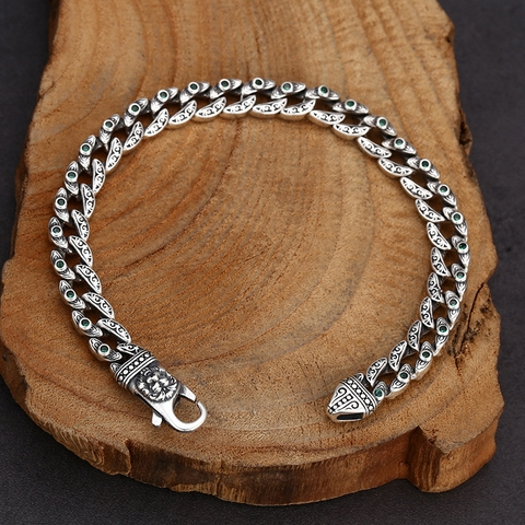 Lắc Tay Bạc Thái Nam Chuỗi Mắt Xích Họa Tiết Hộ Nhãn