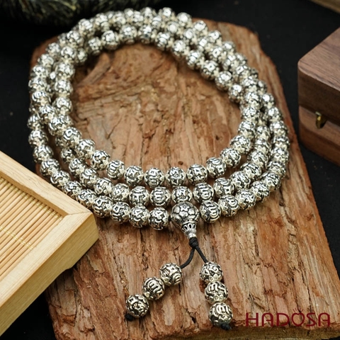 Chuỗi 108 hạt bạc Thái 8mm khắc Lục Tự Đại Minh Chân Ngôn