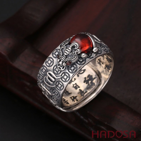 Nhẫn bạc Tỳ Hưu ngọc đỏ cho nam