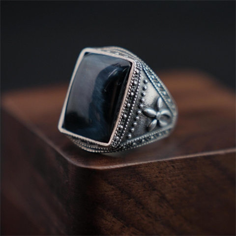 Nhẫn nam bạc Thái 925 đá mắt hổ xanh đen