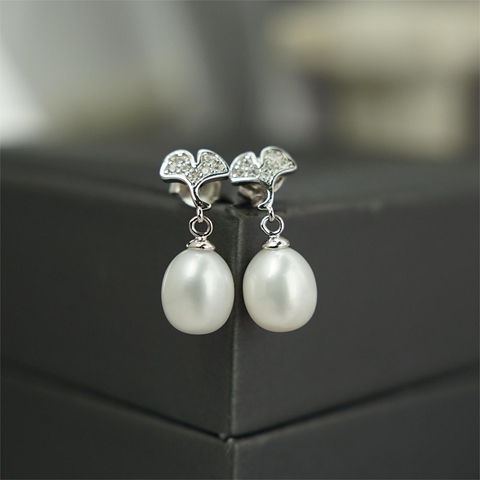 Bông tai ngọc trai hạt gạo 8mm bạc 925