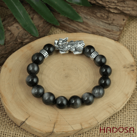Vòng Tay Đá Obsidian-Hắc Diện Thạch Ánh Bạc 12mm Mix Tỳ Hưu Bạc | HADOSA