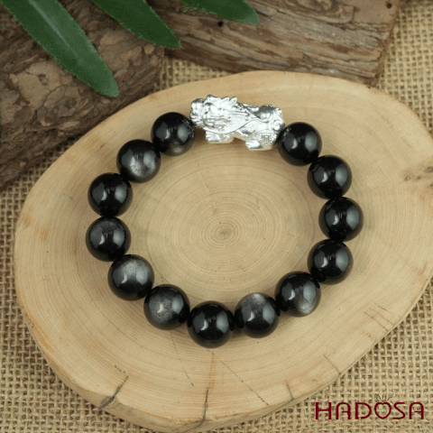 Vòng tay đá Obsidian-Hắc Diện Thạch ánh bạc 14mm mix tỳ hưu bạc