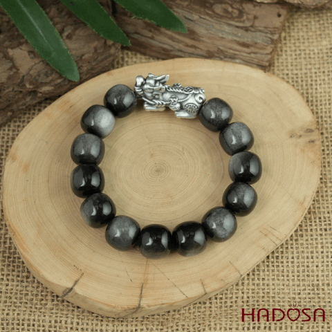 Vòng tay đá Obsidian-Hắc Diện Thạch ánh bạc hạt trụ 13x14mm mix tỳ hưu bạc