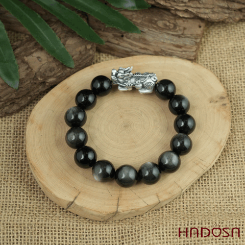 Vòng tay đá Obsidian-Hắc Diện Thạch ánh bạc 14mm mix charm bạc