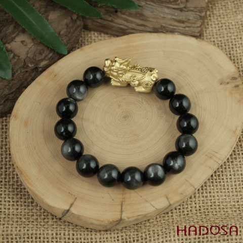 Vòng tay đá Obsidian-Hắc Diện Thạch ánh bạc 12mm mix tỳ hưu bạc mạ vàng