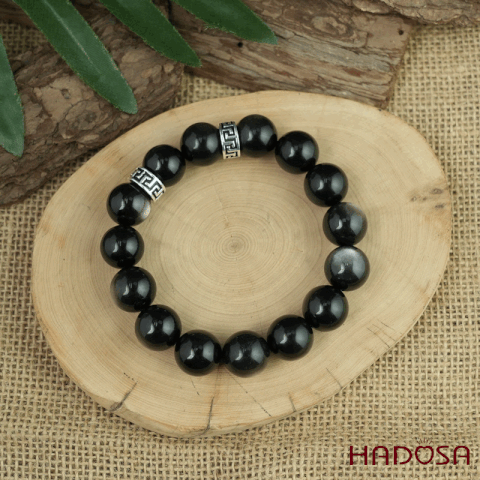 Vòng tay đá Obsidian-Hắc Diện Thạch ánh bạc 14mm mix charm bạc