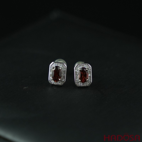 Hoa tai đá garnet chữ nhật 3*5mm bạc 925