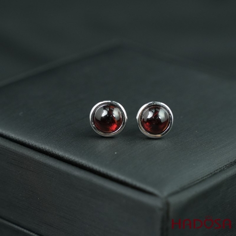Hoa tai Garnet cab tròn 8mm bạc 925