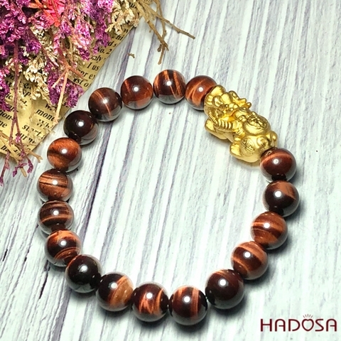 Vòng Thạch Anh Mắt Hổ nâu đỏ 8mm mix tỳ hưu bạc mạ vàng