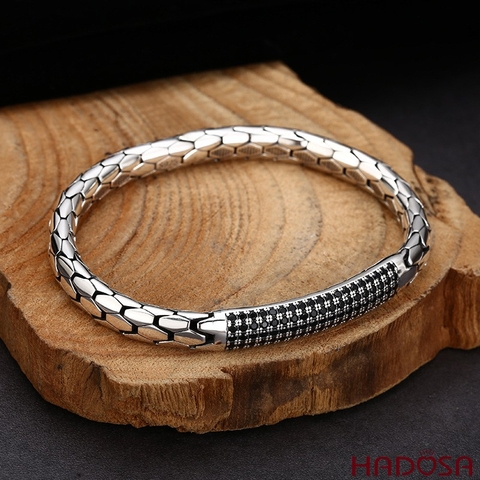 Vòng Tay Nam Bạc Thái 925 Hình Da Rắn Đính Đá Đen