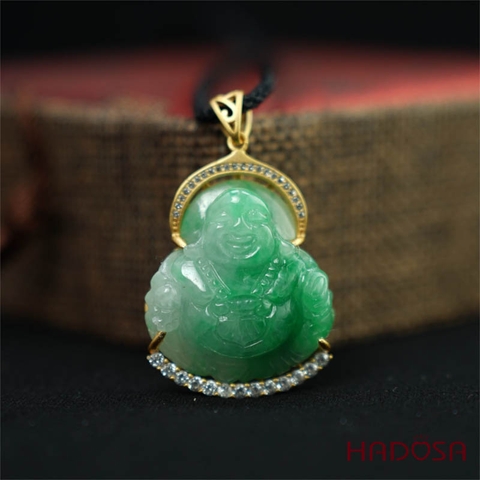 Mặt Di Lặc Cẩm Thạch xanh lí 33x27mm bạc mạ vàng