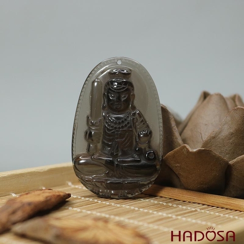 Mặt Phật bản mệnh tuổi Mùi Thân đá thạch anh khói 50x32mm