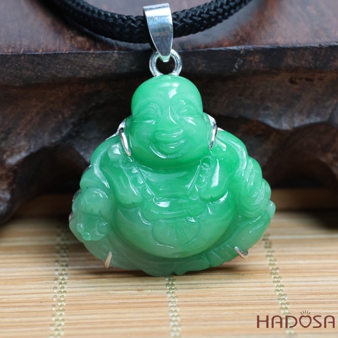 Mặt Phật Di Lặc Cẩm Thạch xanh lí táo 29x29x10mm bọc bạc