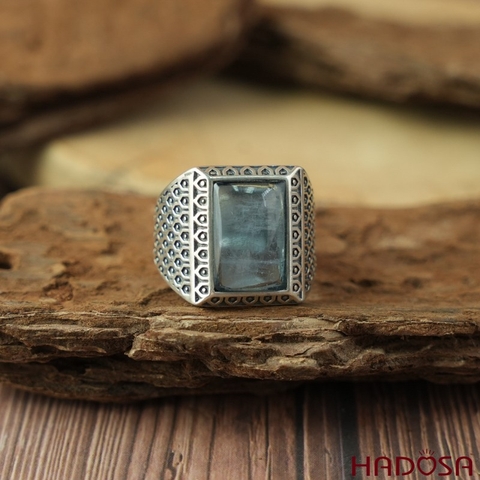 Nhẫn bạc nam 925 mặt đá Aquamarine 10x15mm
