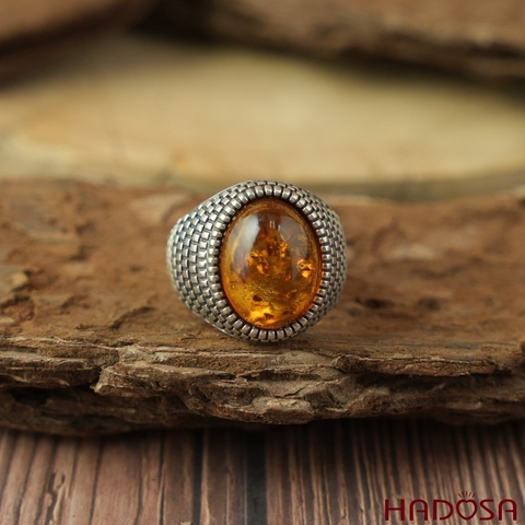 Nhẫn nam bạc Thái 925 mặt Hổ phách oval 12x16mm