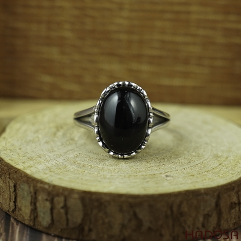 Nhẫn đá Chalcedony đen oval 10x14mm