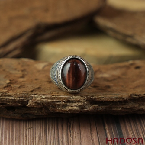 Nhẫn bạc 925 mặt đá mắt hổ nâu đỏ 12x16mm