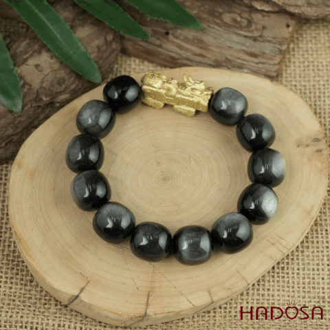 Vòng tay đá Obsidian-Hắc Diện Thạch ánh bạc hạt trụ 16mm mix tỳ hưu bạc mạ vàng