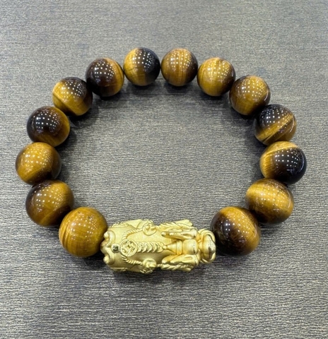 Vòng Thạch Anh Mắt Hổ vàng nâu 14mm mix tỳ hưu bạc mạ vàng
