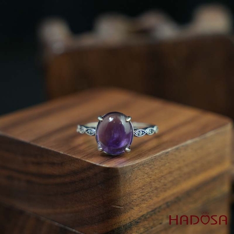 Nhẫn đính đá Thạch anh tím oval 9x11mm bạc 925