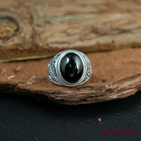Nhẫn bạc 925 mặt đá Chalcedony đen 12x16mm
