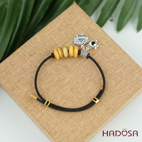 Vòng ngũ điếu mắt hổ vàng nâu mix charm treo lá sen