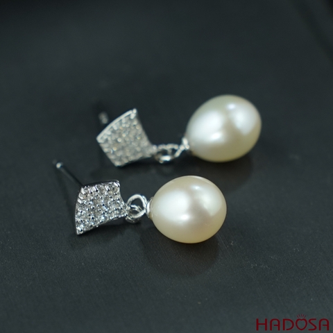 Bông tai ngọc trai hạt gạo 7-8mm bạc 925