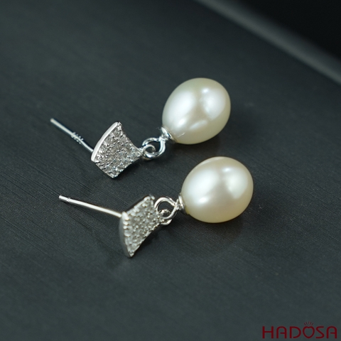 Bông tai ngọc trai hạt gạo 7-8mm bạc 925