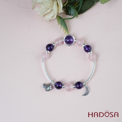 Vòng thạch anh tím mix thạch anh hồng 9mm charrm bạc 925