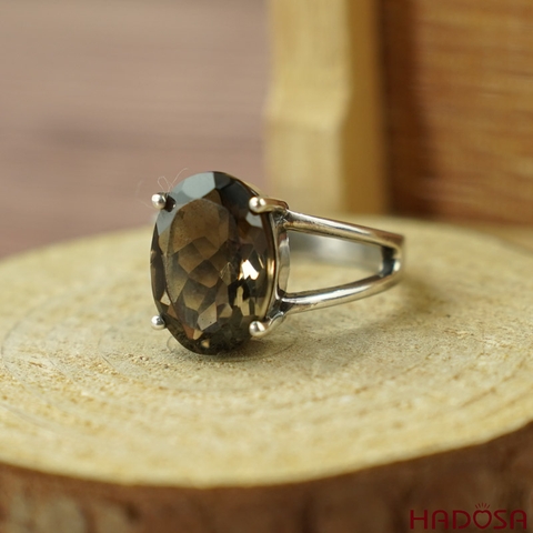 Nhẫn nữ Thạch anh khói bạc 925 cao cấp size 15