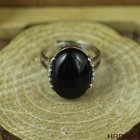 Nhẫn đá Chalcedony đen oval 13x18mm