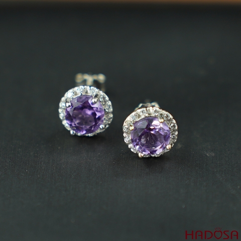 Bông tai bạc đính đá thạch anh tím 6mm