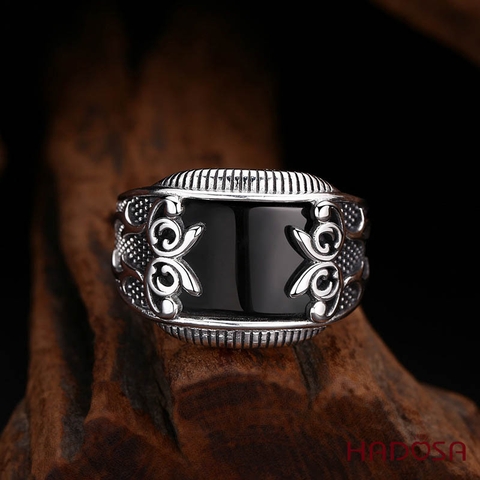 Nhẫn Bạc Thái Hắc Ngọc Vượng Khí Vân Cổ Điển 17mm