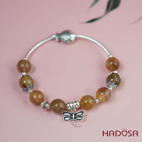 Vòng tay thạch anh tóc vàng 9mm mix charm bạc 925