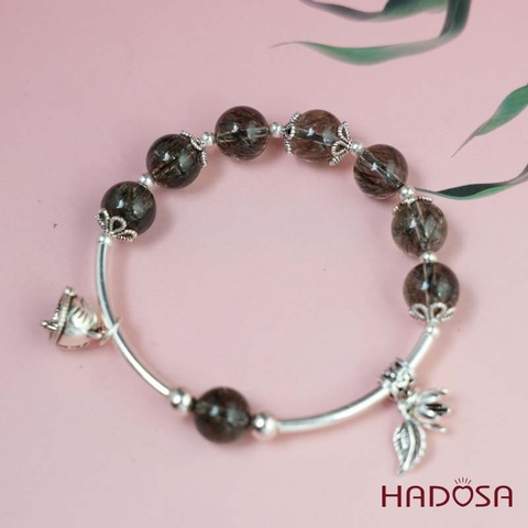 Vòng tay thạch anh tóc xanh 9mm mix charm bạc 925