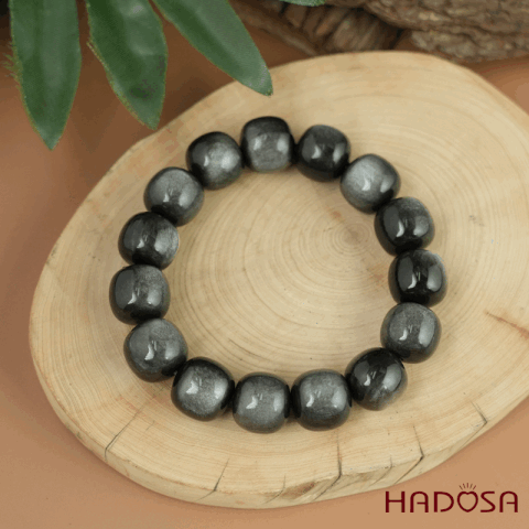 Vòng tay đá Obsidian-Hắc Diện Thạch ánh bạc hạt trụ 13x14mm