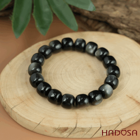 Vòng tay đá Obsidian-Hắc Diện Thạch ánh bạc hạt trụ 10x11mm